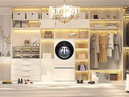 고급스러운 드레스룸에 배치된 LG 시그니처 세탁기